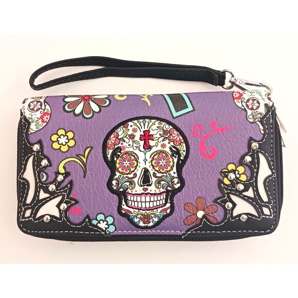 NEW Sugar Skulls Zip Around Wristlet Wallet Purple Multicolor Applique 8X5 - Picture 1 of 7